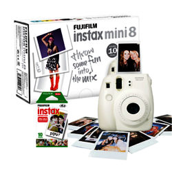 Fujifilm Instax Mini 8 Instant Camera with 10 Shots of Film, Built-In Flash & Hand Strap White